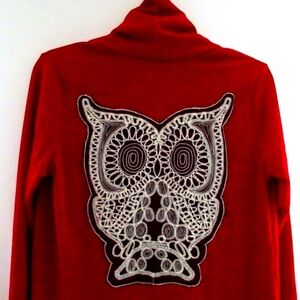 SI AVANCE Patchwork Crochet OWL Decor Open Fold Long Lapel Cardigan Coat Large